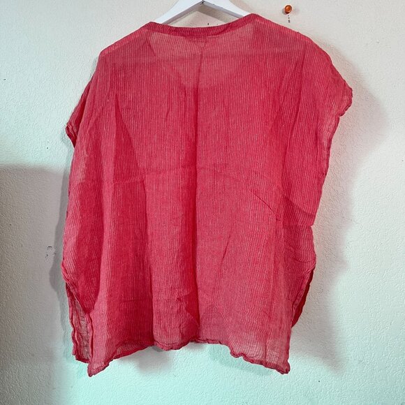 Eileen Fisher Petite Womens Crinkled Red Striped Linen Tunic Top PM Relaxed Fit - Picture 2 of 9